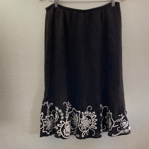 Lafayette 148 NY brown midi linen Skirt Embroidery flair boho classic trend